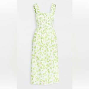 WAYF Rashida Smocked Slit Front Midi Dress, Green Flowers, Size S